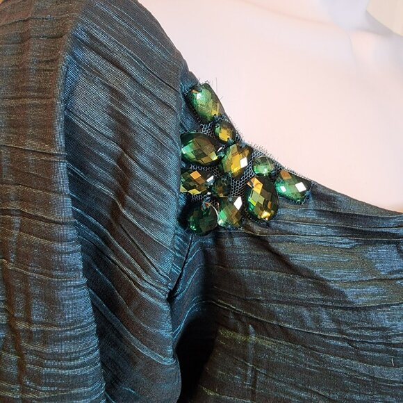 Alex Evenings Size 12 Teal Green Ruched Cocktail Dress Beaded Shoulders EUC - Picture 2 of 10